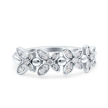 14K White Gold Flower Half Eternity Stackable Wedding Engagement Ring Simulated CZ